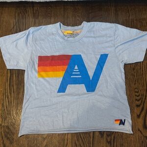 Aviator Nation Gray Tee with Blue and Rainbow Logo